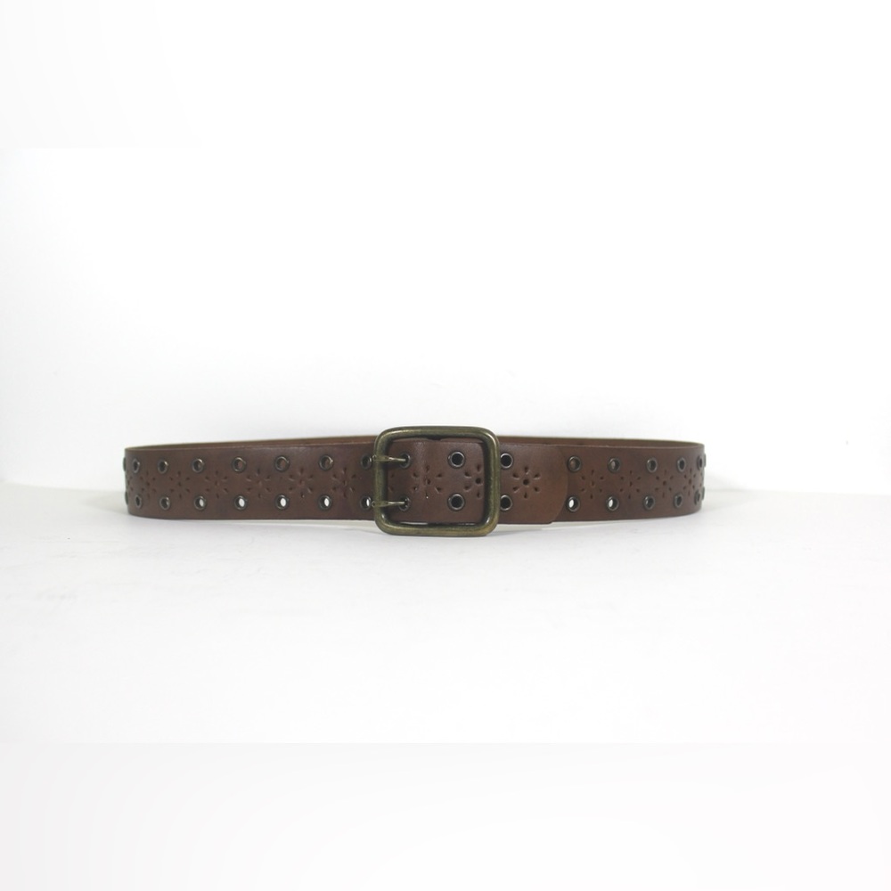 Vintage Thick Brown Italian Leather Belt with Brass Grommets or Rivets and Brass